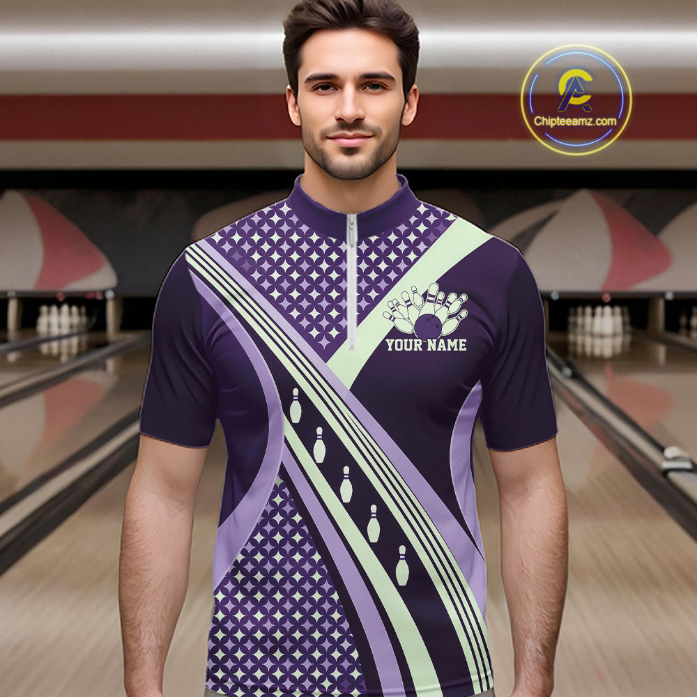 Custom Purple Classic Retro Matching Bowling Team League Shirt, Bowling Men Quarter Zip Shirt IPHW12366
