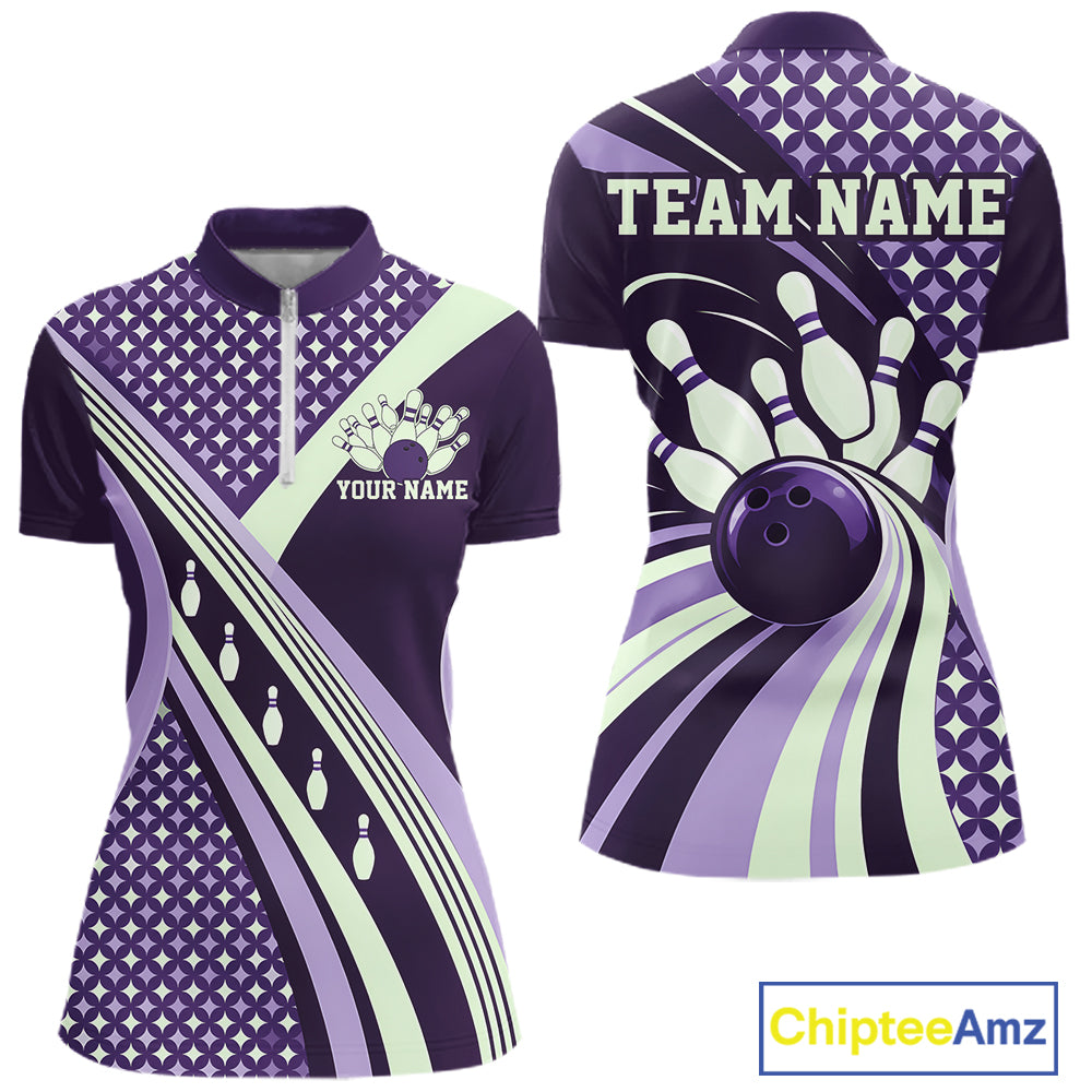 Custom Purple Classic Retro Matching Bowling Team Shirt, Bowling Women Quarter-Zip Shirt IPHW12366