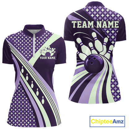 Custom Purple Classic Retro Matching Bowling Team Shirt, Bowling Women Quarter-Zip Shirt IPHW12366