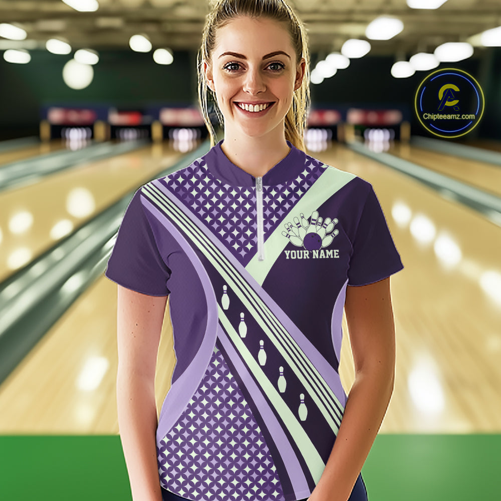 Custom Purple Classic Retro Matching Bowling Team Shirt, Bowling Women Quarter-Zip Shirt IPHW12366