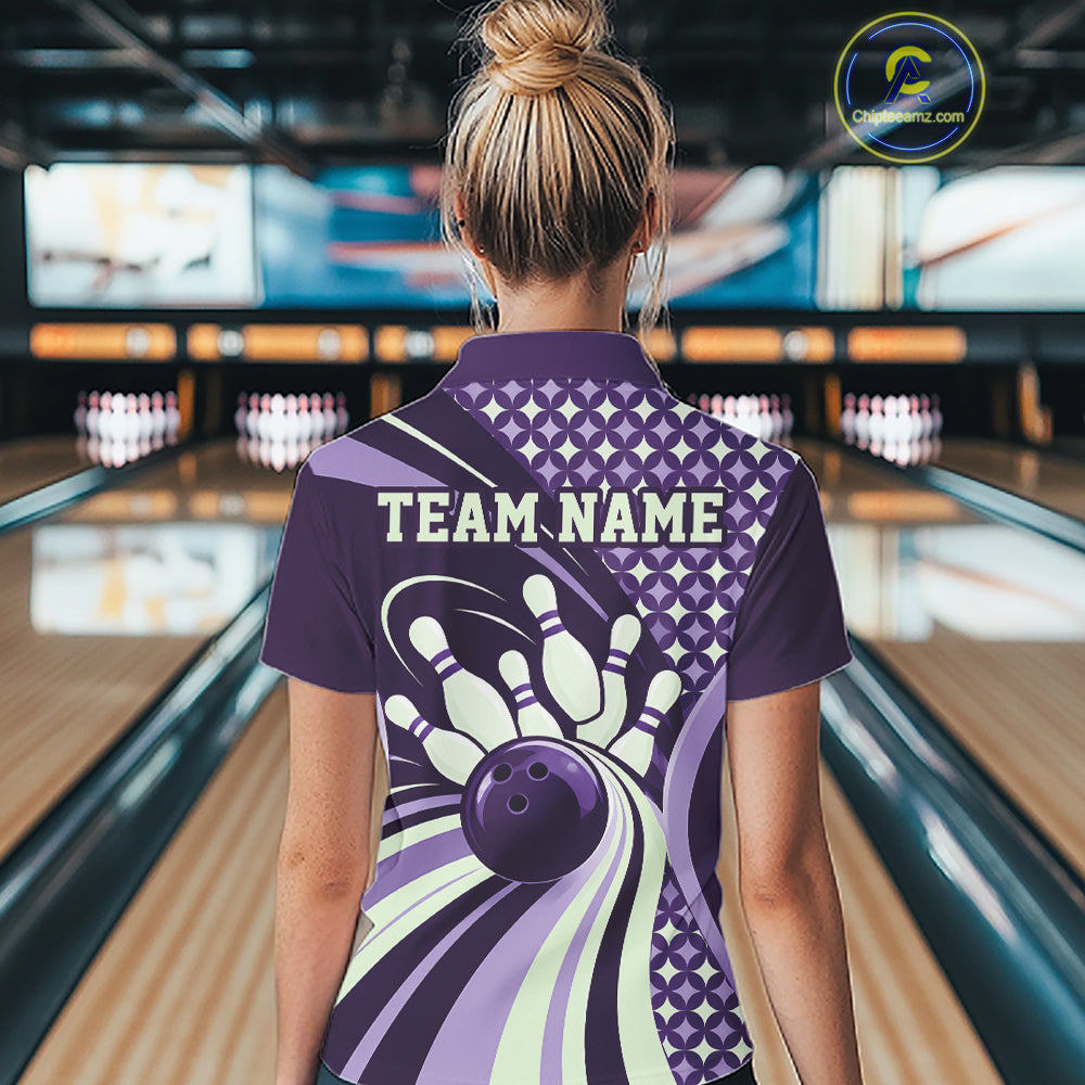 Custom Purple Classic Retro Matching Bowling Team Shirt, Bowling Women Quarter-Zip Shirt IPHW12366