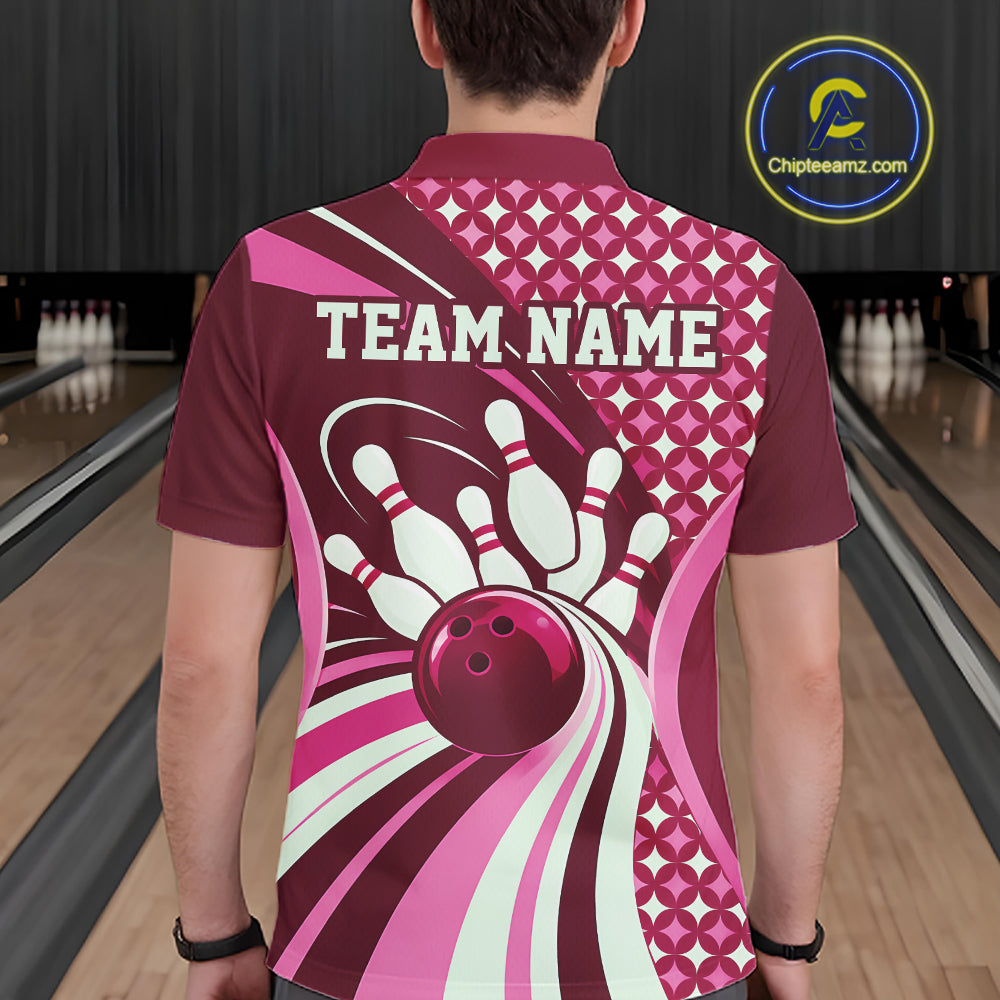 Custom Pink Classic Retro Matching Bowling Team League Shirt, Bowling Men Polo Shirt IPHW12367
