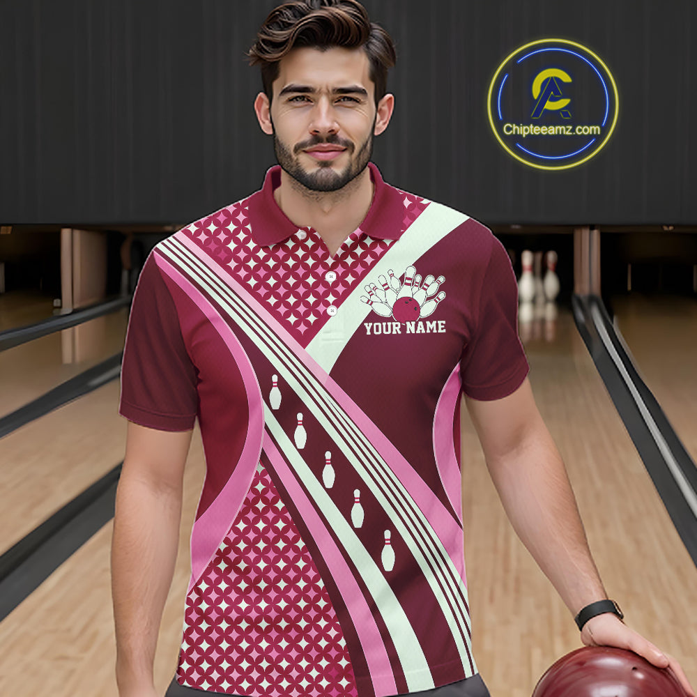 Custom Pink Classic Retro Matching Bowling Team League Shirt, Bowling Men Polo Shirt IPHW12367