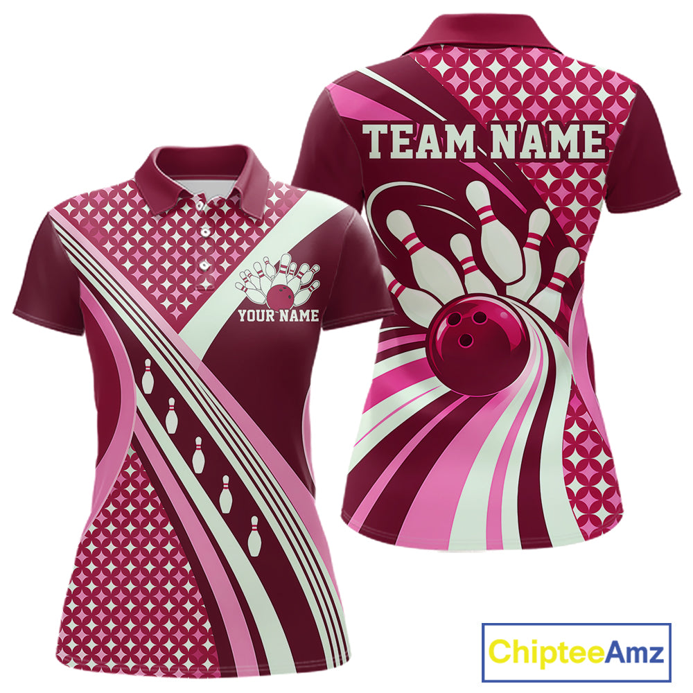 Custom Pink Classic Retro Matching Bowling Team League Shirt, Bowling Women Polo Shirt IPHW12367