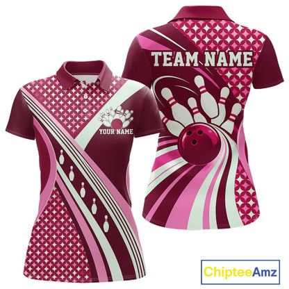 Custom Pink Classic Retro Matching Bowling Team League Shirt, Bowling Women Polo Shirt IPHW12367