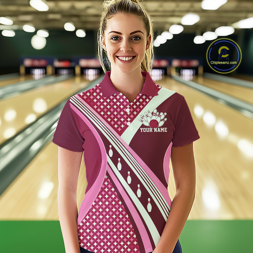 Custom Pink Classic Retro Matching Bowling Team League Shirt, Bowling Women Polo Shirt IPHW12367