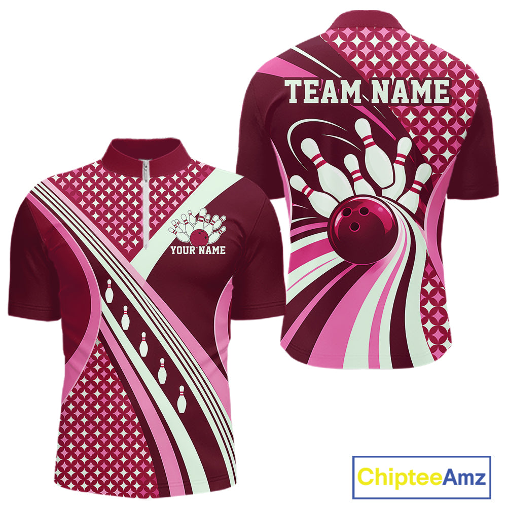 Custom Pink Classic Retro Matching Bowling Team League Shirt, Bowling Men Quarter Zip Shirt IPHW12367