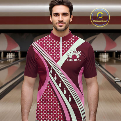 Custom Pink Classic Retro Matching Bowling Team League Shirt, Bowling Men Quarter Zip Shirt IPHW12367