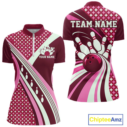 Custom Pink Classic Retro Matching Bowling Team Shirt, Bowling Women Quarter-Zip Shirt IPHW12367
