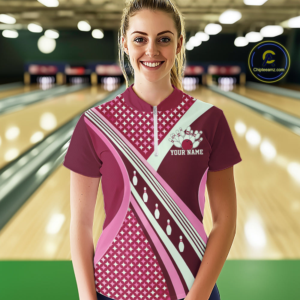 Custom Pink Classic Retro Matching Bowling Team Shirt, Bowling Women Quarter-Zip Shirt IPHW12367