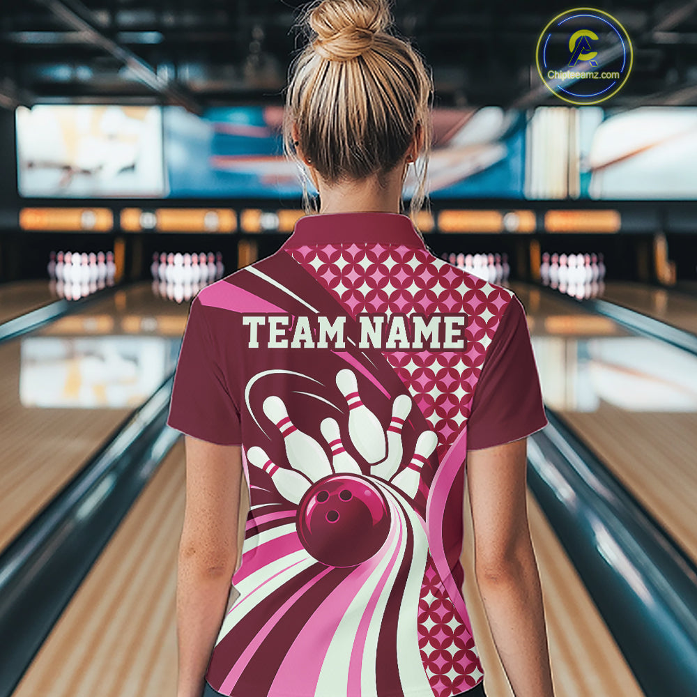 Custom Pink Classic Retro Matching Bowling Team Shirt, Bowling Women Quarter-Zip Shirt IPHW12367