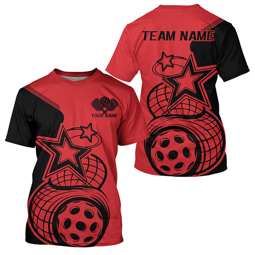 Black And Red Custom Pickleball Star Pickleball T-Shirts For Men, Pickleball Apparel Team Outfits IPHW7833