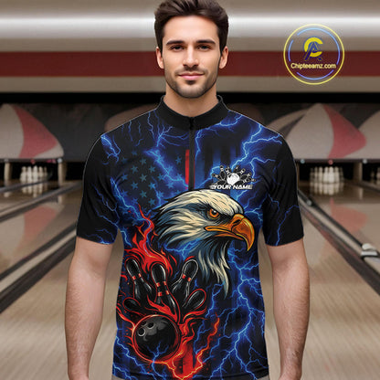 Custom Red And Blue Lightning Flame Eagle Men Bowling Shirt, Patriotic US Team Shirt IPHW10171