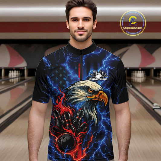 Custom Red And Blue Lightning Flame Eagle Men Bowling Shirt, Patriotic US Team Shirt IPHW10171