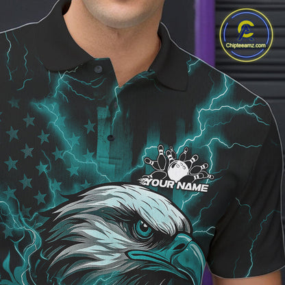 Custom Turquoise Blue Lightning Flame Eagle Men Bowling Shirt, Patriotic US Team Shirt IPHW10172