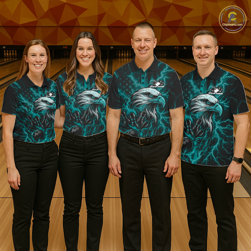 Custom Turquoise Blue Lightning Flame Eagle Men Bowling Shirt, Patriotic US Team Shirt IPHW10172