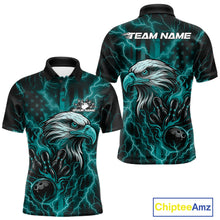 Load image into Gallery viewer, Custom Turquoise Blue Lightning Flame Eagle Men Bowling Shirt, Patriotic US Team Shirt IPHW10172