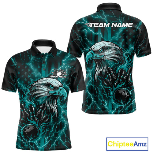 Custom Turquoise Blue Lightning Flame Eagle Men Bowling Shirt, Patriotic US Team Shirt IPHW10172
