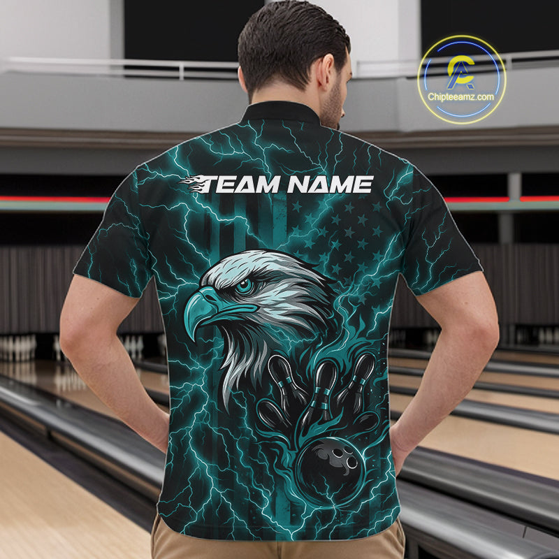 Custom Turquoise Blue Lightning Flame Eagle Men Bowling Shirt, Patriotic US Team Shirt IPHW10172