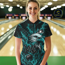 Load image into Gallery viewer, Custom Turquoise Blue Lightning Flame Eagle Women Bowling Shirt, Patriotic US Team Shirt IPHW10172