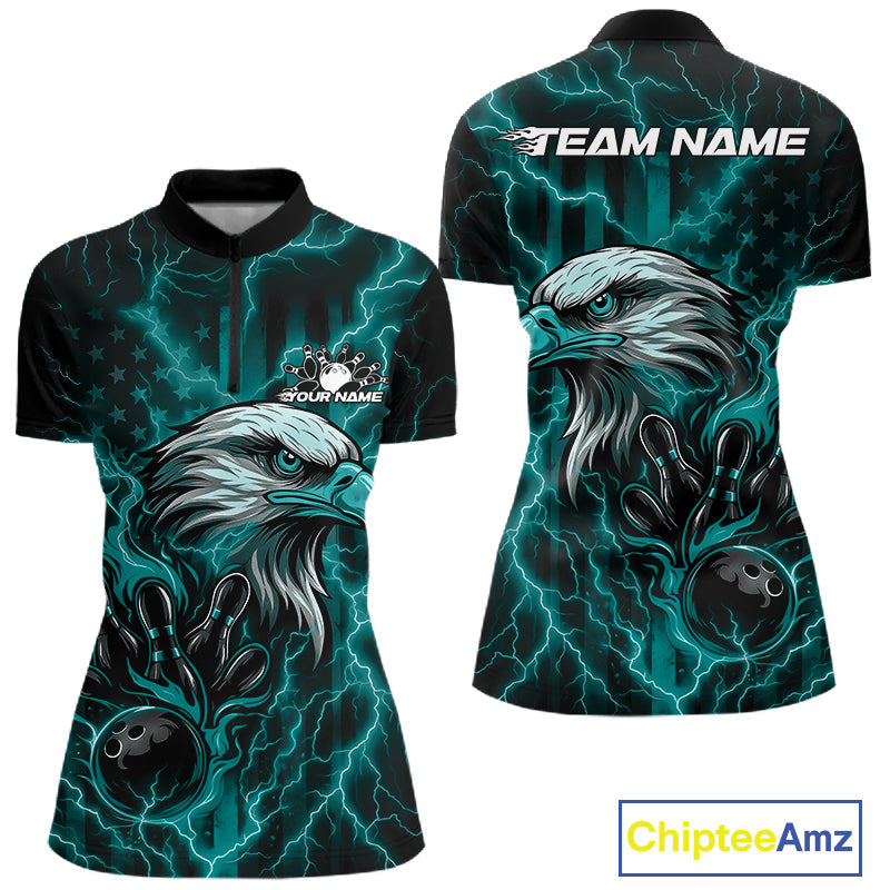 Custom Turquoise Blue Lightning Flame Eagle Women Bowling Shirt, Patriotic US Team Shirt IPHW10172