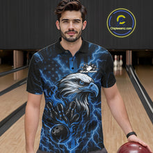 Load image into Gallery viewer, Custom Mid Blue Lightning Flame Eagle Men Bowling Shirt, Patriotic US Team Shirt IPHW10173