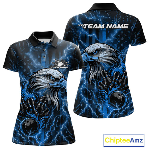 Custom Mid Blue Lightning Flame Eagle Women Bowling Shirt, Patriotic US Team Shirt IPHW10173
