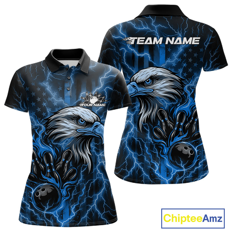 Custom Mid Blue Lightning Flame Eagle Women Bowling Shirt, Patriotic US Team Shirt IPHW10173