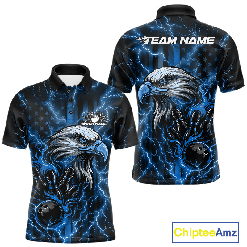 Custom Mid Blue Lightning Flame Eagle Men Bowling Shirt, Patriotic US Team Shirt IPHW10173