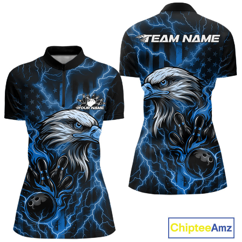Custom Mid Blue Lightning Flame Eagle Women Bowling Shirt, Patriotic US Team Shirt IPHW10173