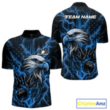 Load image into Gallery viewer, Custom Mid Blue Lightning Flame Eagle Men Bowling Shirt, Patriotic US Team Shirt IPHW10173