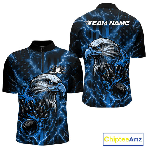 Custom Mid Blue Lightning Flame Eagle Men Bowling Shirt, Patriotic US Team Shirt IPHW10173