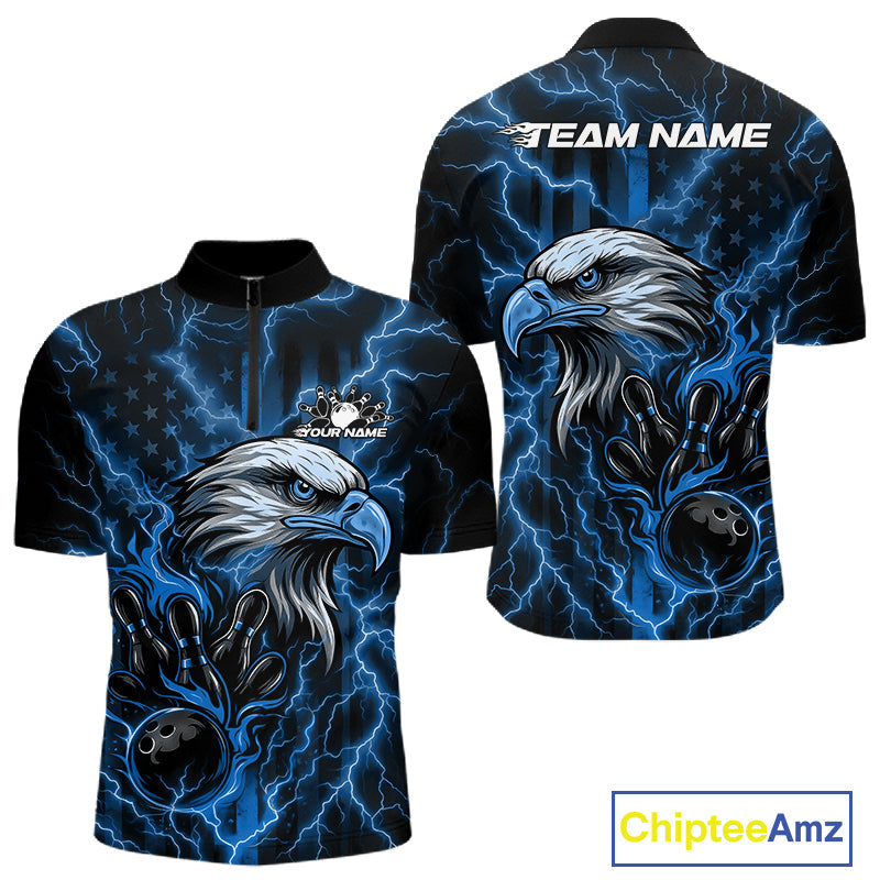 Custom Mid Blue Lightning Flame Eagle Men Bowling Shirt, Patriotic US Team Shirt IPHW10173
