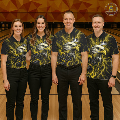 Custom Yellow Lightning Flame Eagle Men Bowling Shirt, Patriotic US Team Shirt IPHW10174