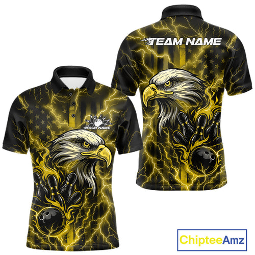 Custom Yellow Lightning Flame Eagle Men Bowling Shirt, Patriotic US Team Shirt IPHW10174