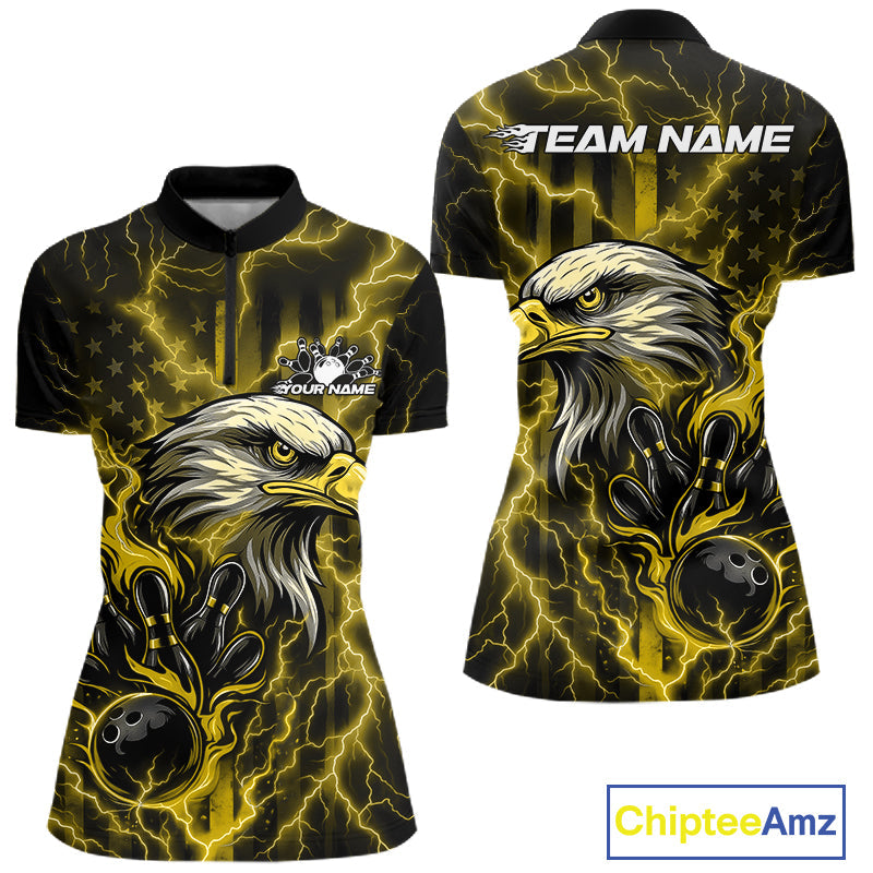 Custom Yellow Lightning Flame Eagle Women Bowling Shirt, Patriotic US Team Shirt IPHW10174