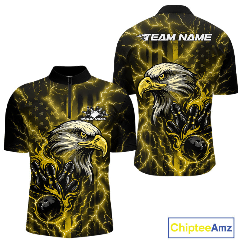 Custom Yellow Lightning Flame Eagle Men Bowling Shirt, Patriotic US Team Shirt IPHW10174