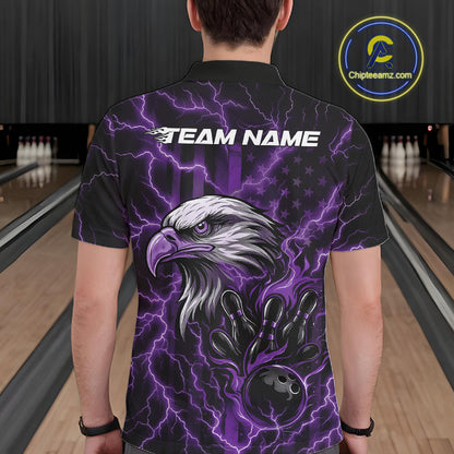 Custom Purple Lightning Flame Eagle Men Bowling Shirt, Patriotic US Team Shirt IPHW10175