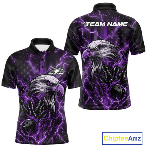 Custom Purple Lightning Flame Eagle Men Bowling Shirt, Patriotic US Team Shirt IPHW10175