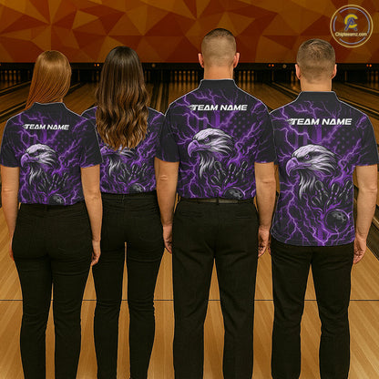 Custom Purple Lightning Flame Eagle Men Bowling Shirt, Patriotic US Team Shirt IPHW10175
