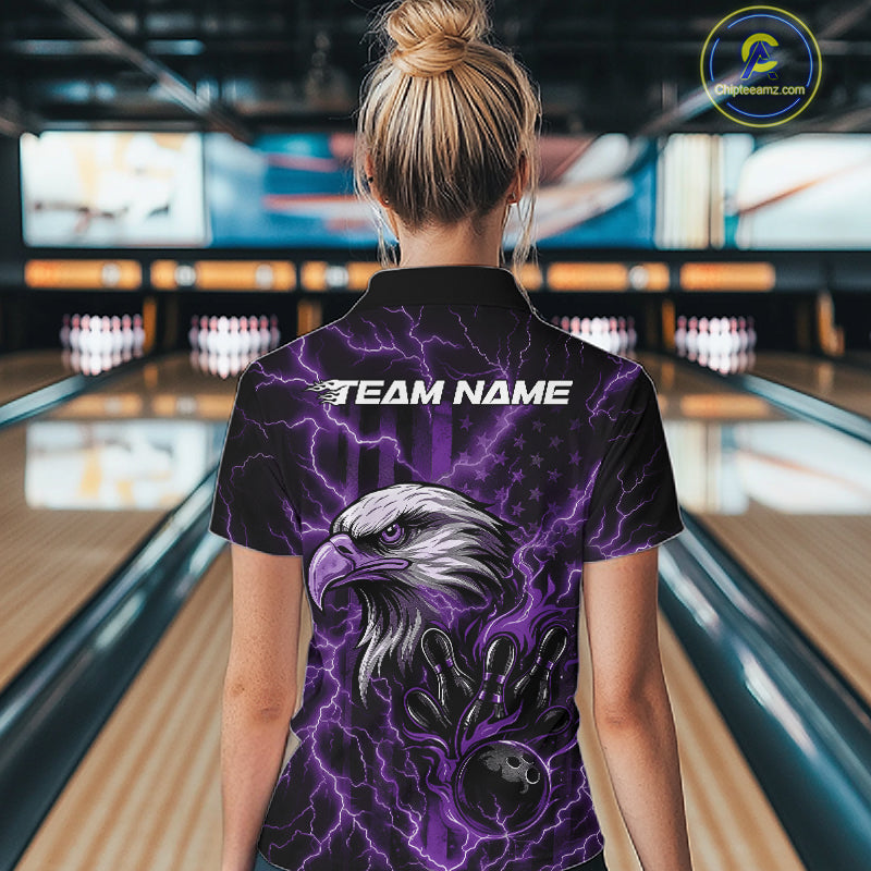 Custom Purple Lightning Flame Eagle Women Bowling Shirt, Patriotic US Team Shirt IPHW10175