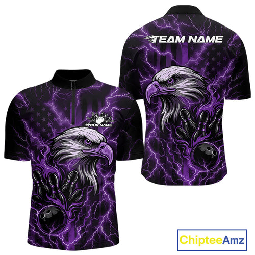 Custom Purple Lightning Flame Eagle Men Bowling Shirt, Patriotic US Team Shirt IPHW10175