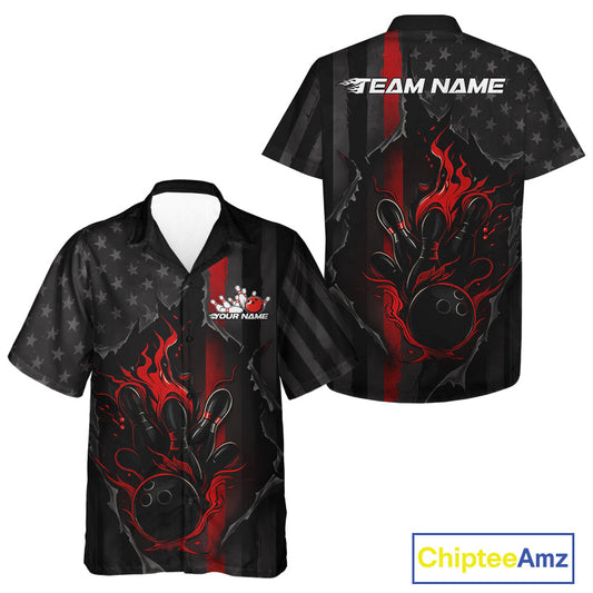 Custom Red Thin Line American Flag Patriotic Flame Bowling Team Men And Women Hawaiian Shirts IPHW10179