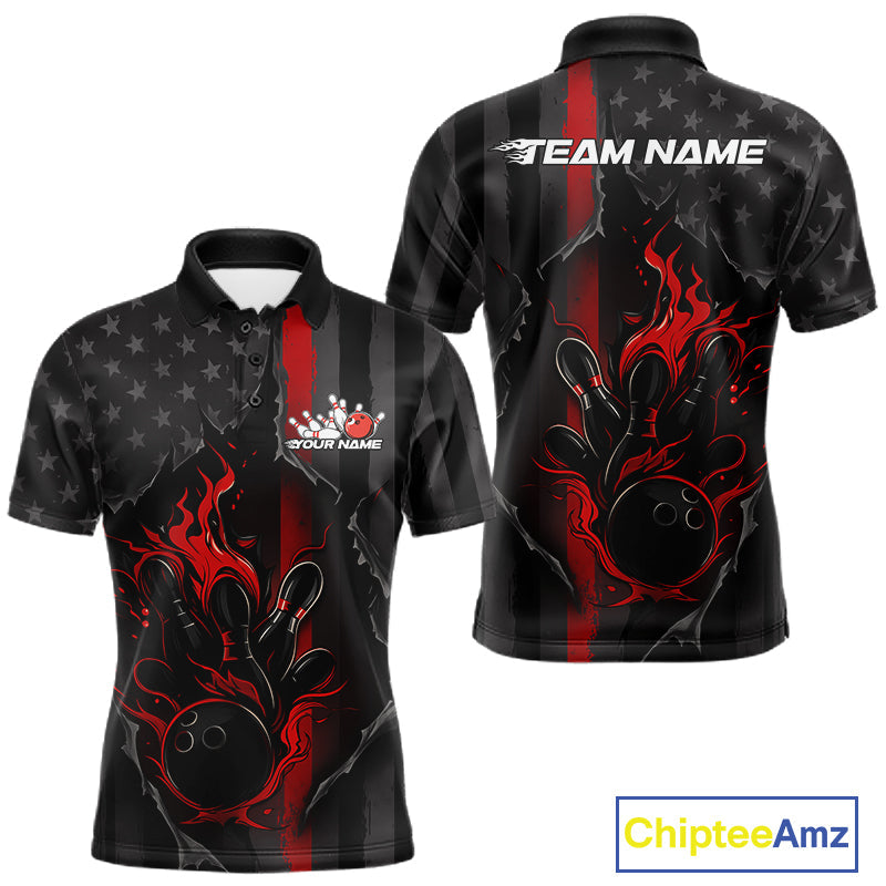 Custom Red Thin Line American Flag Patriotic Flame Bowling Team Men Polo Shirts IPHW10179