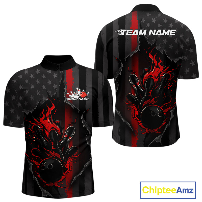 Custom Red Thin Line American Flag Patriotic Flame Bowling Team Men Quarter-Zip Shirts IPHW10179