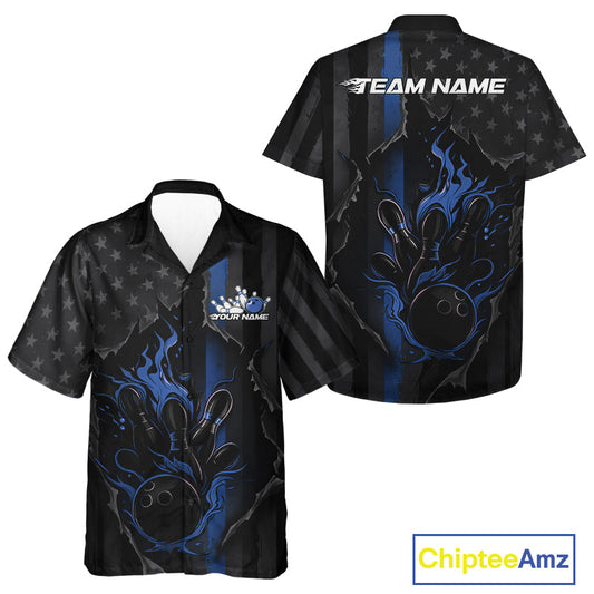 Custom Blue Thin Line American Flag Patriotic Flame Bowling Team Men And Women Hawaiian Shirts IPHW10180