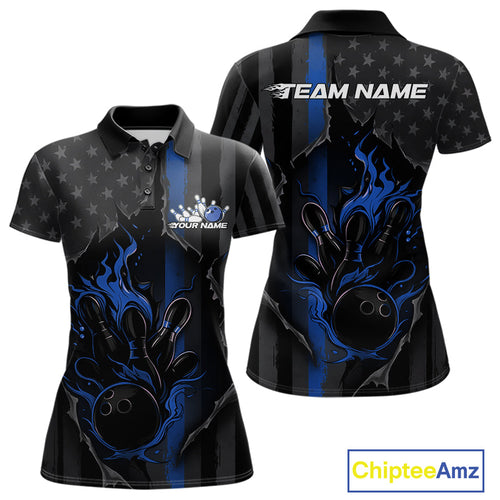 Custom Blue Thin Line American Flag Patriotic Flame Bowling Team Women Polo Shirts IPHW10180