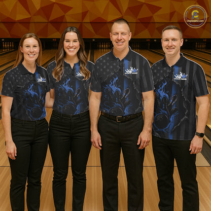 Custom Blue Thin Line American Flag Patriotic Flame Bowling Team Men Polo Shirts IPHW10180