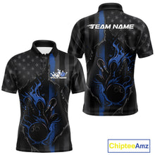 Load image into Gallery viewer, Custom Blue Thin Line American Flag Patriotic Flame Bowling Team Men Polo Shirts IPHW10180
