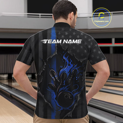 Custom Blue Thin Line American Flag Patriotic Flame Bowling Team Men Quarter-Zip Shirts IPHW10180